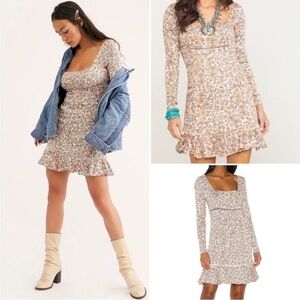 Free People Boheme Ivory Floral Mini Dress NWT Size 10 Long Sleeve